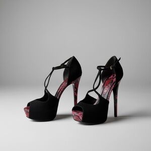 Gucci Black Suede and Pink Snakeskin peep toe heels EUC